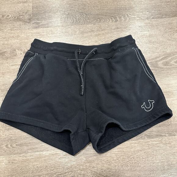 True Religion Womens Medium Big T Lounge‎ Sweat Shorts Black Logo Grunge Goth - Picture 1 of 9